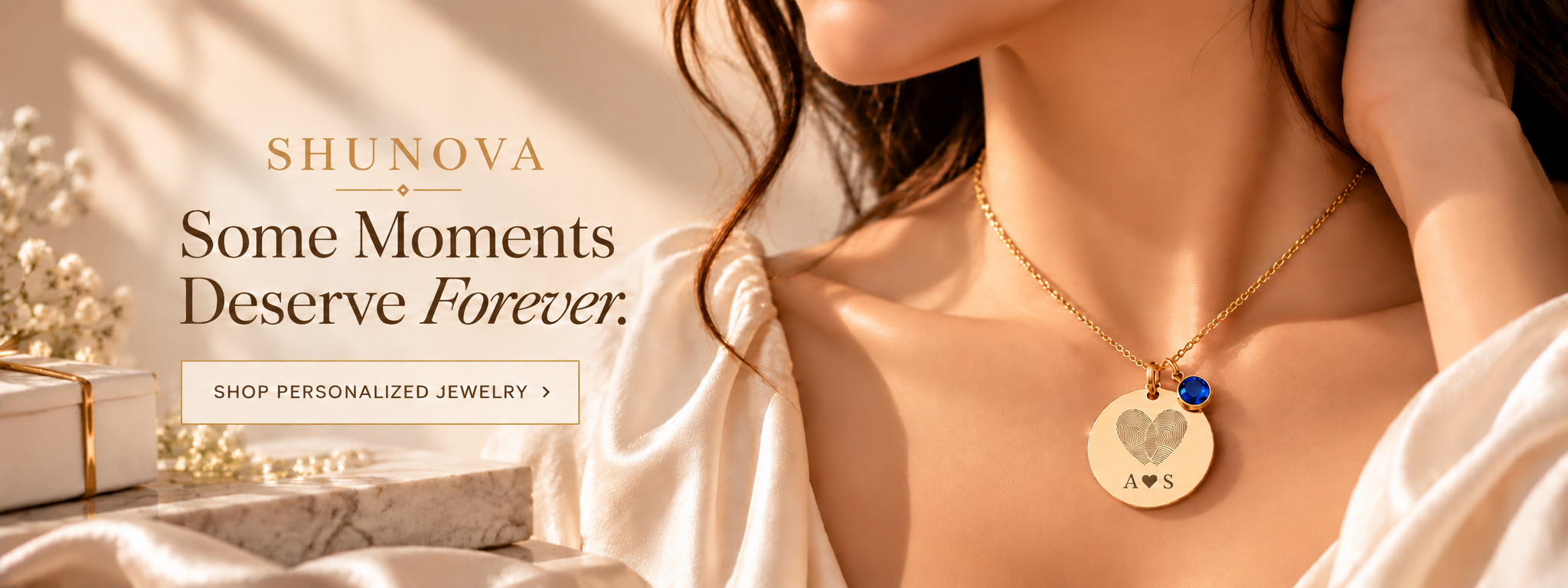SHUNOVA. Some Moments Deserve Forever. Personalized fingerprint necklace in the approved cream-and-gold banner.